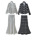 Ladies Two-Piece Satin Ensemble with Bow Blouse and Fitted Trumpet Maxi Skirt Fashion Glam