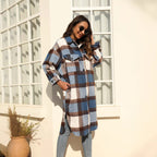 Women Checkered Longline Shirt Jacket Coat with Patch Pockets Fashion Glam
