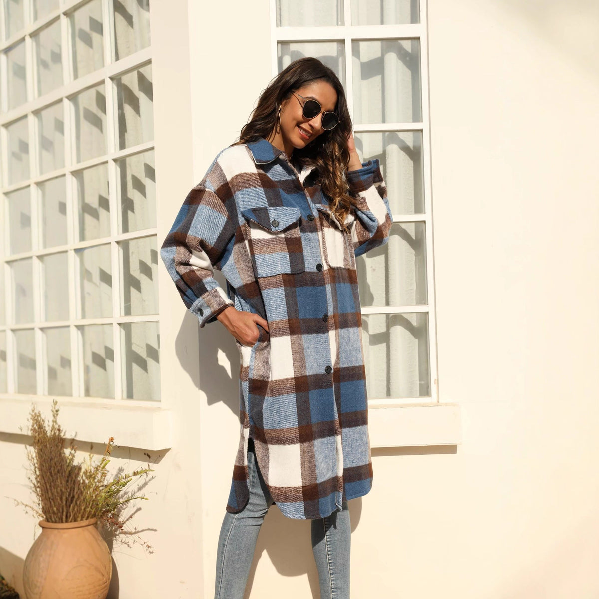 Women Checkered Longline Shirt Jacket Coat with Patch Pockets Fashion Glam