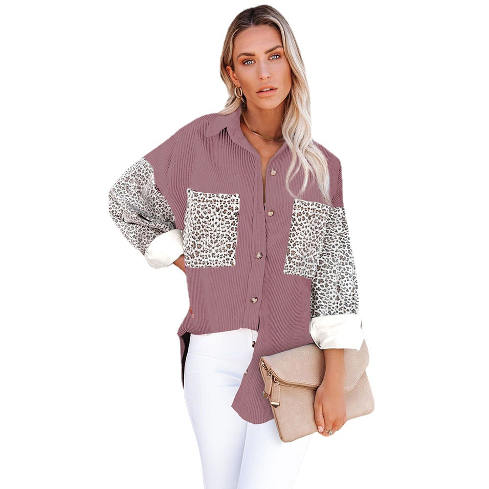 Ladies oversized shirt blouse with textured fabric and leopard print inserts Fashion Glam
