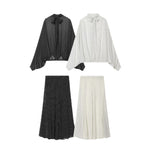 Women's Two-Piece Set made of lightweight chiffon with wide midi skirt and balloon sleeve blouse with bow collar Fashion Glam