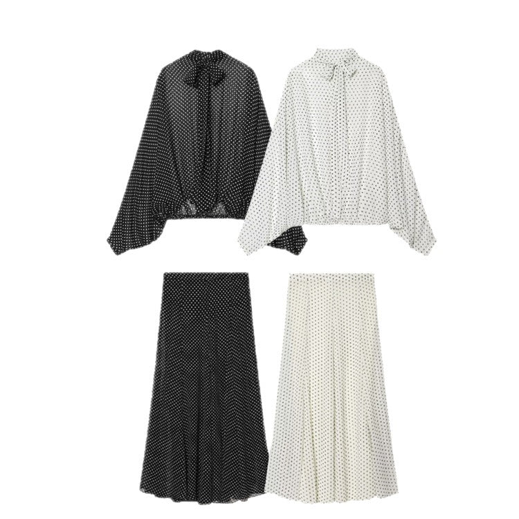 Women's Two-Piece Set made of lightweight chiffon with wide midi skirt and balloon sleeve blouse with bow collar Fashion Glam