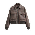Women Short Cut Bomber Jacket made of Faux Leather with Large Flap Pockets Fashion Glam