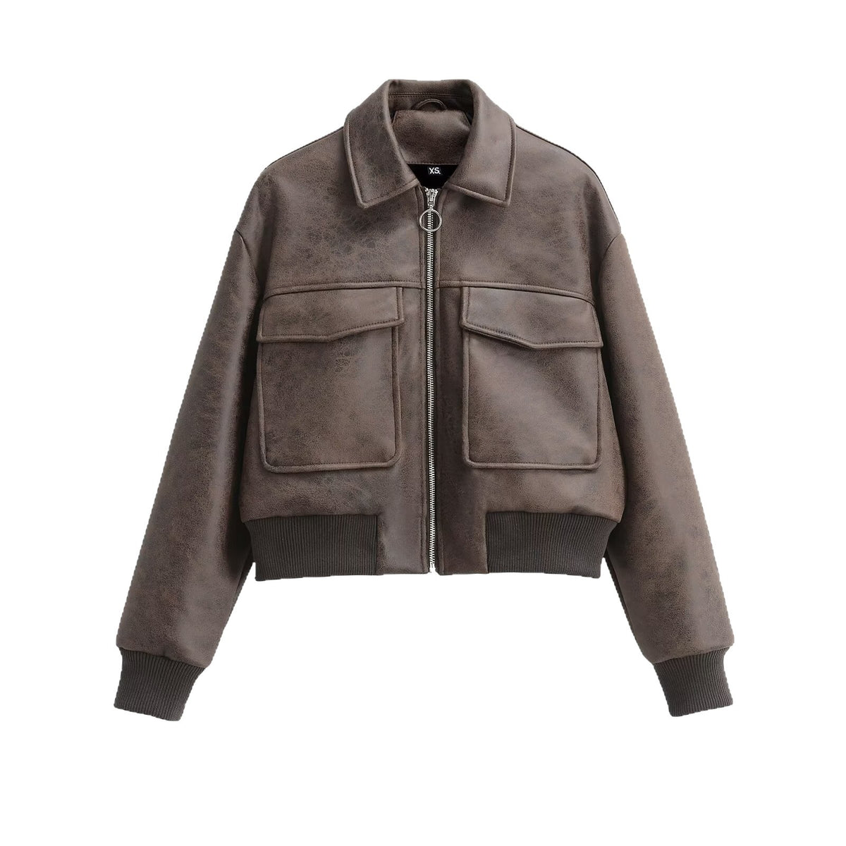 Women Short Cut Bomber Jacket made of Faux Leather with Large Flap Pockets Fashion Glam