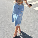 Ladies Denim Midi Skirt with Fringes Front Slit and Used Effects Fashion Glam