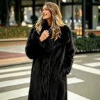 Women's Long High-Pile Faux Fur Coat with Oversized Lapel Collar and Straight Silhouette Fashion Glam