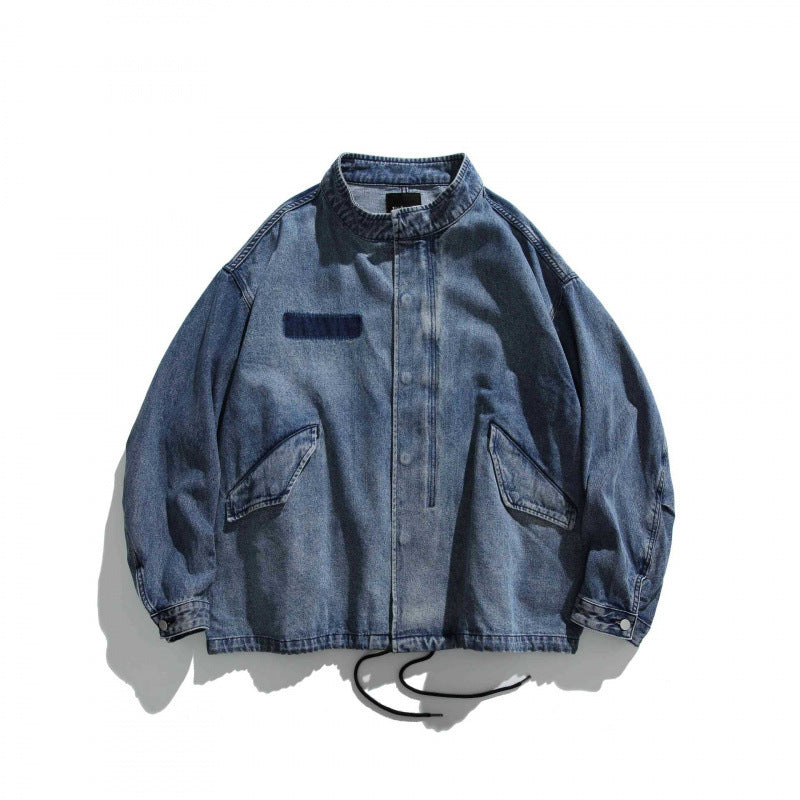 Men's Oversized Jeans Jacket with Stand Collar, Flap Pockets and Drawstring Fashion Glam