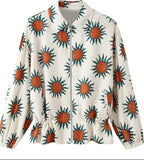Women's Printed Bomber Jacket with Zipper, Shirt Collar and Waist Drawstring Fashion Glam