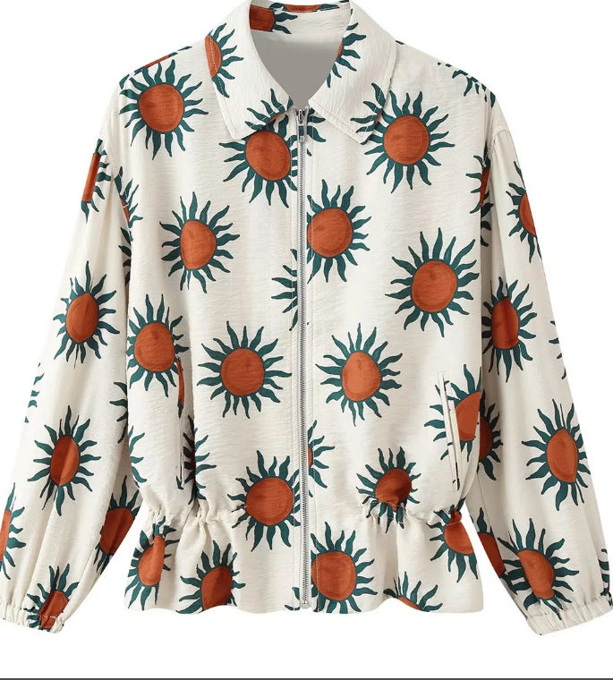 Women's Printed Bomber Jacket with Zipper, Shirt Collar and Waist Drawstring Fashion Glam