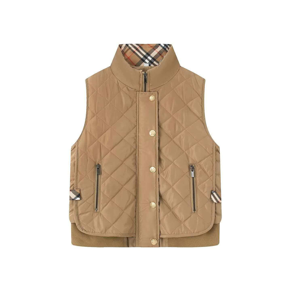 Women's Quilted Sleeveless Bodywarmer with Stand-Up Collar, Zipper, Snap Button Placket and Ribbed Hem Fashion Glam