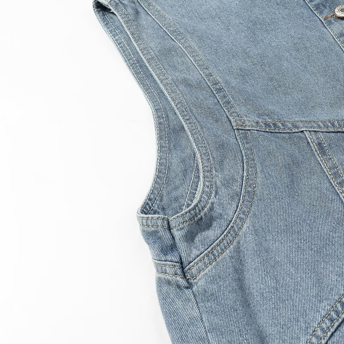 Women's jeans vest with stand-up collar, full-length button placket, and patch pockets Fashion Glam
