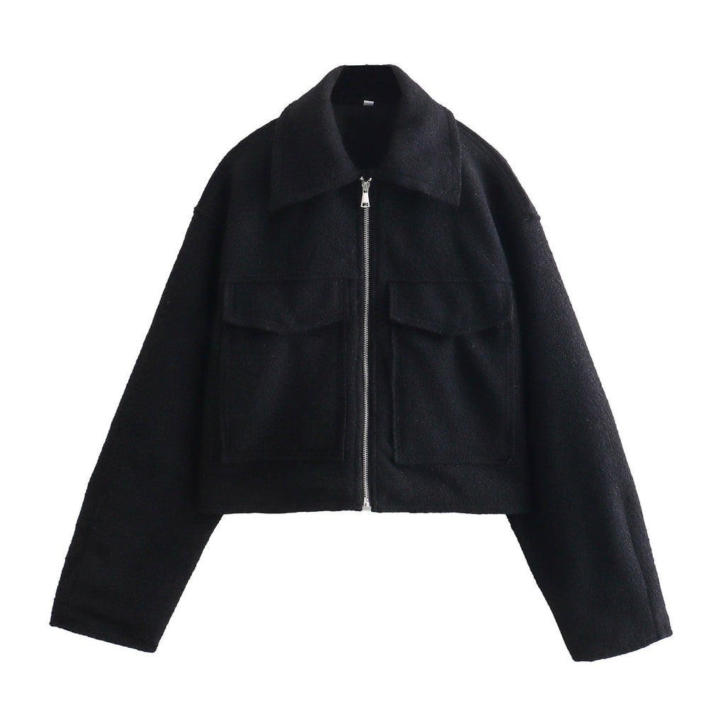Women Short Boucle Jacket in Boxy Cut with Zip and Flap Pockets Fashion Glam