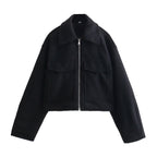 Women Short Boucle Jacket in Boxy Cut with Zip and Flap Pockets Fashion Glam