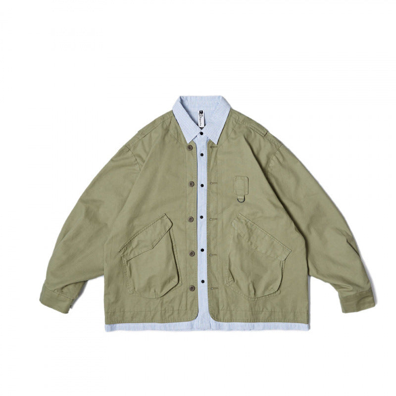 Unisex Oversize Shirt Jacket in Worker Style with Patch Flap Pockets and Contrasting Placket Fashion Glam