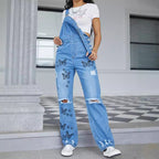 Women Casual Denim Overalls with Butterfly Print, distressed Knee & Wide Leg Fashion Glam