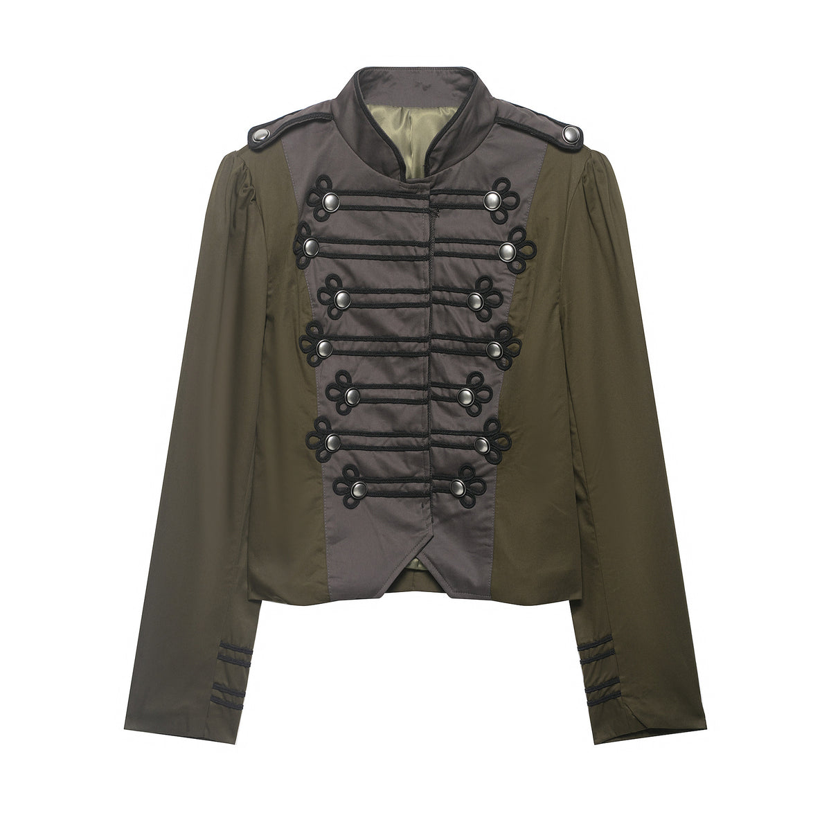 Ladies short jacket in military style with stand-up collar, decorative frog and epaulettes Fashion Glam