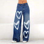 Ladies High-Waist Wide-Leg Jeans with large heart print Fashion Glam