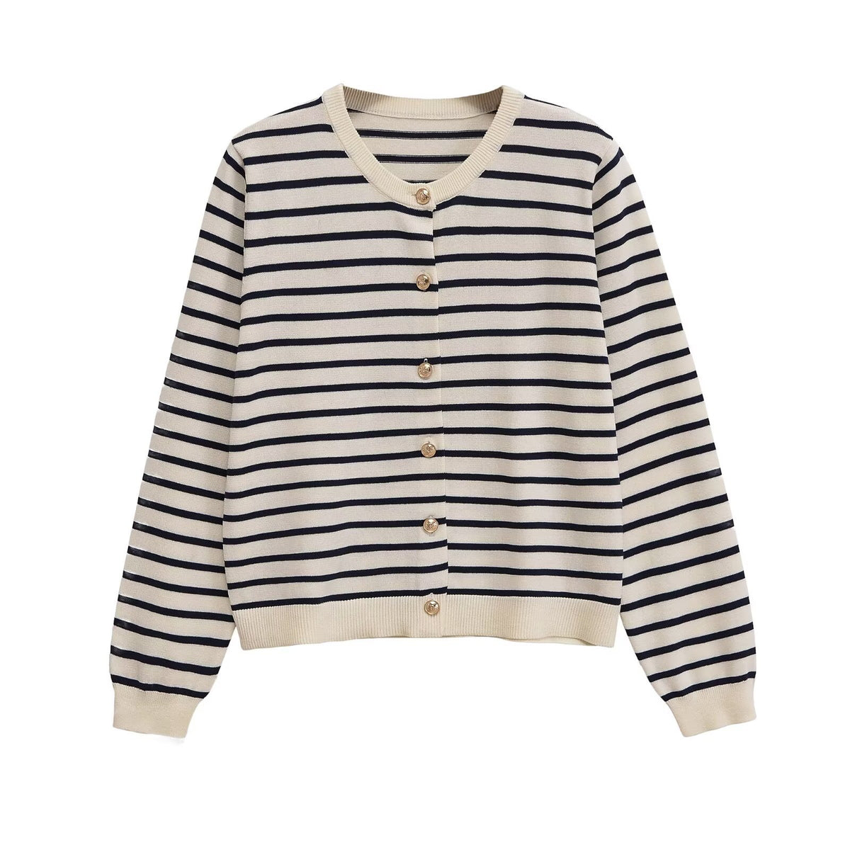 Women's Striped Lightweight Cardigan with Round Neckline and Decorative Buttons Fashion Glam