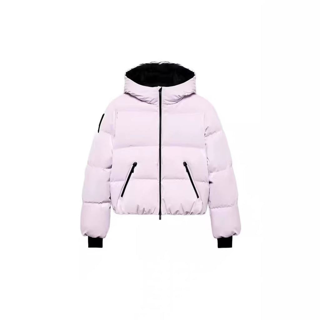 Women's short padded bomber-style hooded jacket with elastic hem and zippered pockets Fashion Glam