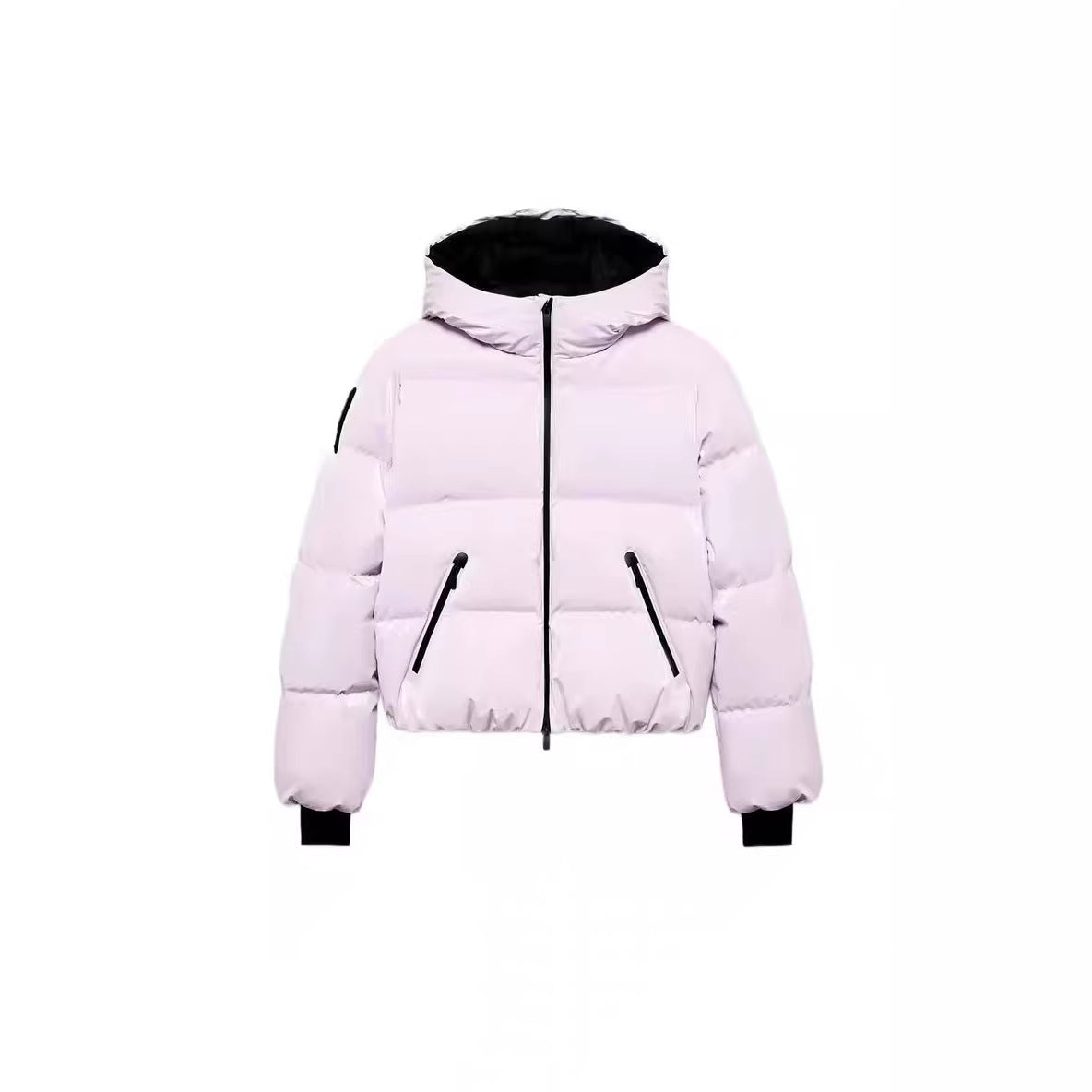 Women's short padded bomber-style hooded jacket with elastic hem and zippered pockets Fashion Glam