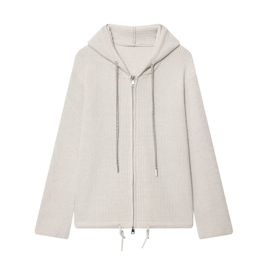 Women's chunky knit hooded jacket with zipper and drawstring Fashion Glam