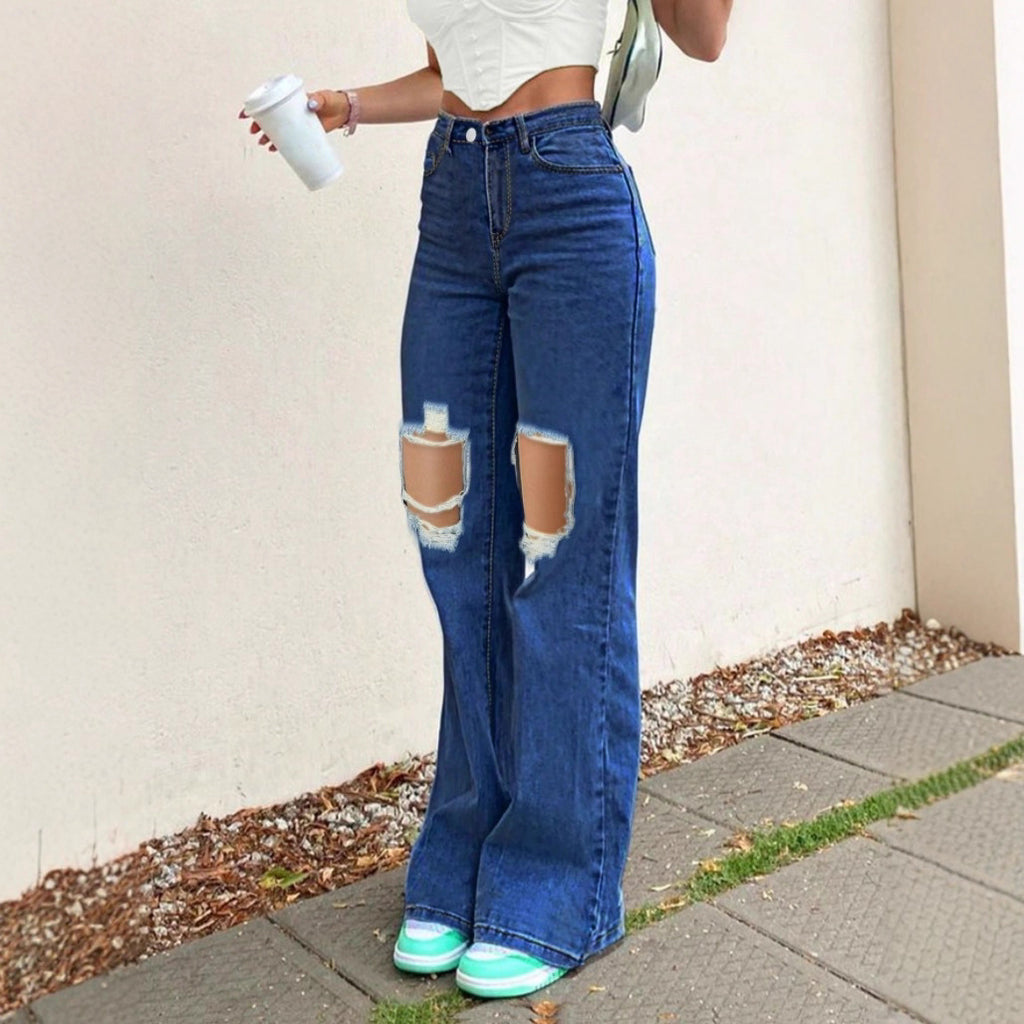 Ladies High-Waist Flared Jeans in Retro Bootcut with Knee-High Cut-Outs and Five-Pocket Design Fashion Glam