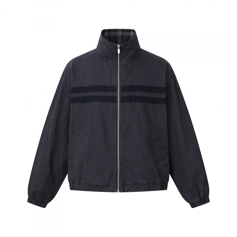 Unisex short cut boxy blouson jacket with stand collar, double stripe detail and checked inner lining Fashion Glam
