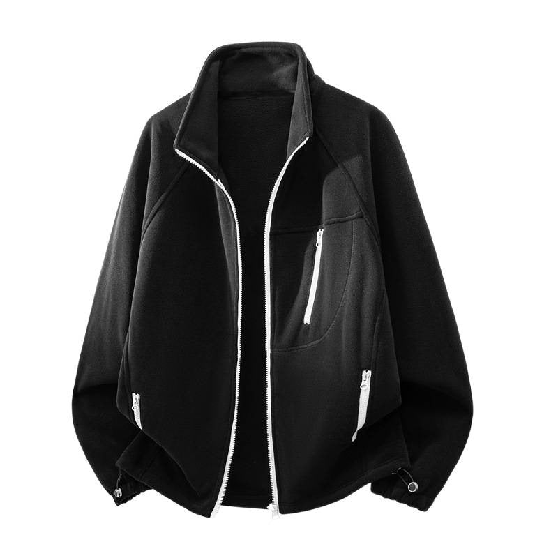Men's fleece jacket with high stand-up collar, multiple zip pockets, and ergonomic raglan cut Fashion Glam