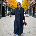 Women Long Double-Breasted Pinstripe Coat with Oversized Shoulder Fashion Glam