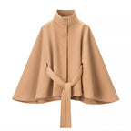 Women's Short Cape Coat with Stand-Up Collar, Concealed Button Placket and Tie Belt Fashion Glam