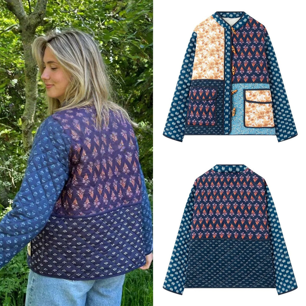 Women Padded Patchwork Quilted Jacket with Toggle Closures and Patch Pockets Fashion Glam