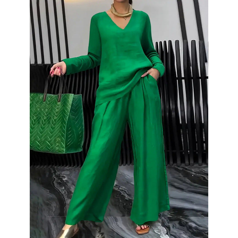 Women's Fine V-Neck Knit Sweater with Flowing Palazzo Pants Fashion Glam