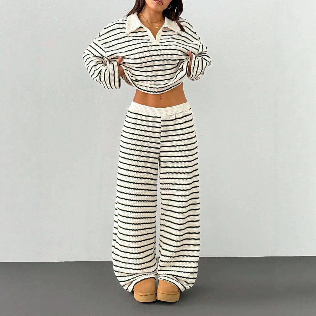 Women's Knitted Loungewear Set with Polo V Neck, Bell Sleeves, and Wide High-Cut Trouser Leg Fashion Glam