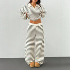 Women's Knitted Loungewear Set with Polo V Neck, Bell Sleeves, and Wide High-Cut Trouser Leg Fashion Glam