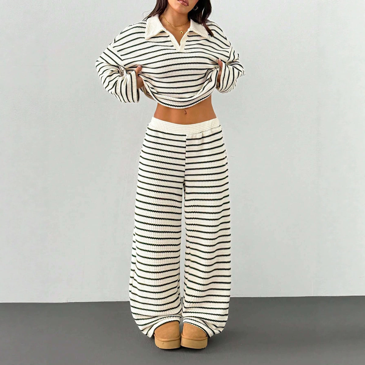 Women's Knitted Loungewear Set with Polo V Neck, Bell Sleeves, and Wide High-Cut Trouser Leg Fashion Glam