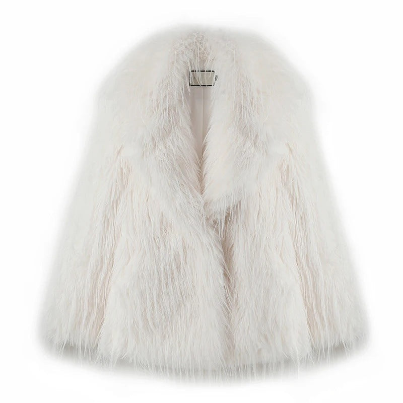 Women's Short Faux Fur Coat with Voluminous Shawl Collar and High Pile Look Fashion Glam