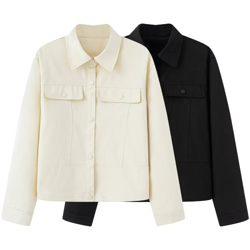 Women Short Cut Boxy Overshirt Jacket in Vegan Leather Look with Flap Pockets and Snap Button Closure Fashion Glam