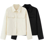 Women Short Cut Boxy Overshirt Jacket in Vegan Leather Look with Flap Pockets and Snap Button Closure Fashion Glam