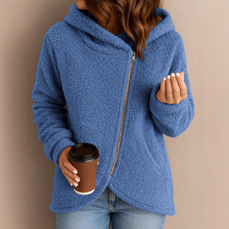 Women's teddy fleece jacket with asymmetrical zipper, hood and curved hem Fashion Glam