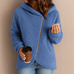 Women's teddy fleece jacket with asymmetrical zipper, hood and curved hem Fashion Glam