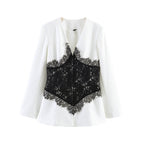 Women Tailored Blazer with V-Neck and Contrasting Lace Fashion Glam