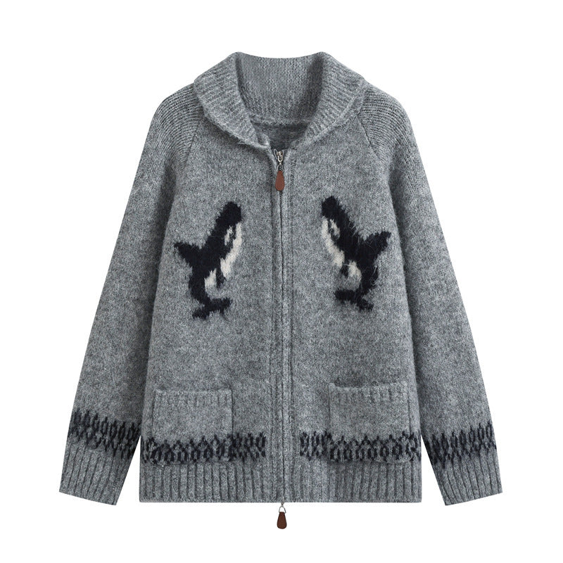 Women’s cardigan with zipper, shawl collar and whale intarsia Fashion Glam