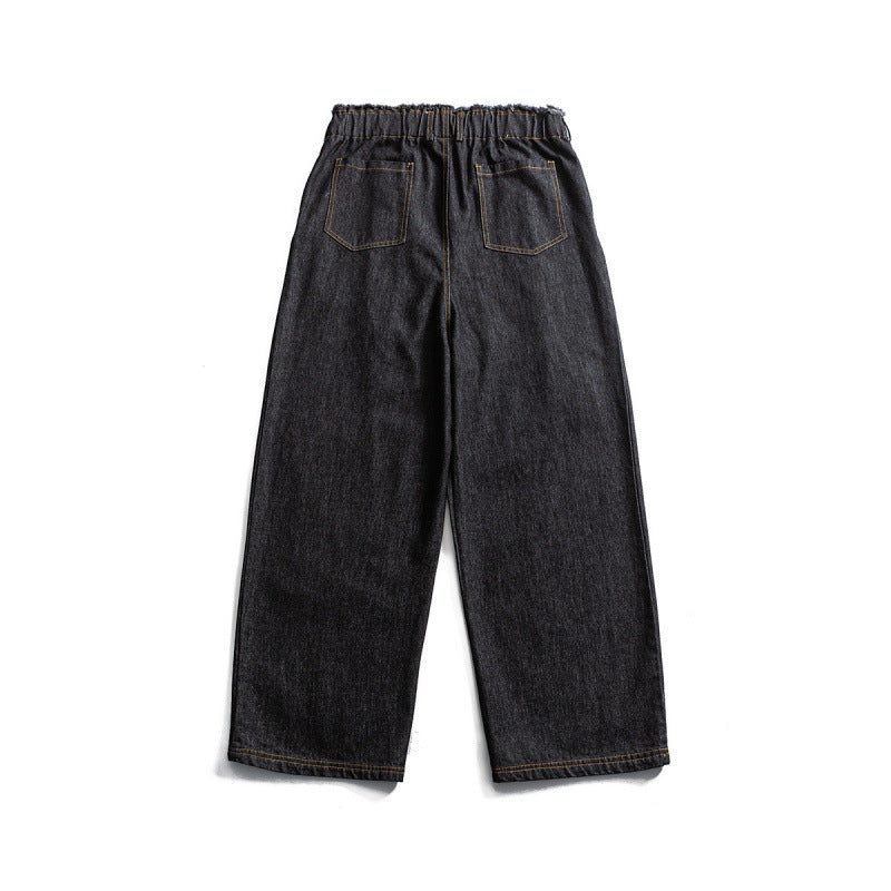 Unisex Wide Denim Pants with Elastic Waistband, Drawstring and Pleated Fashion Glam