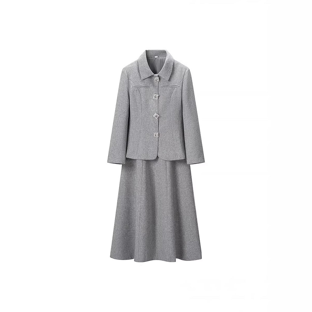 Ladies Two-Piece Boucle Tweed Set with Fitted Button Blazer and Flared Midi Skirt Fashion Glam