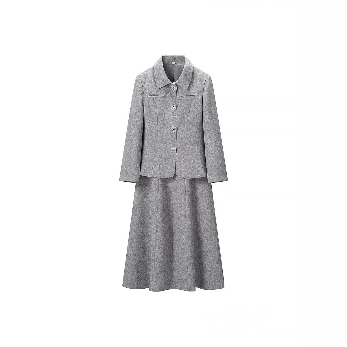 Ladies Two-Piece Boucle Tweed Set with Fitted Button Blazer and Flared Midi Skirt Fashion Glam