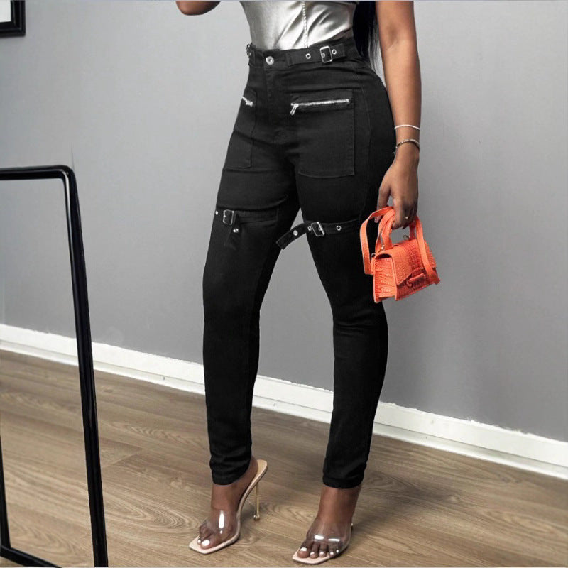 Women High-Waist Skinny Jeans with decorative zippers, patch pockets and belt decor Fashion Glam
