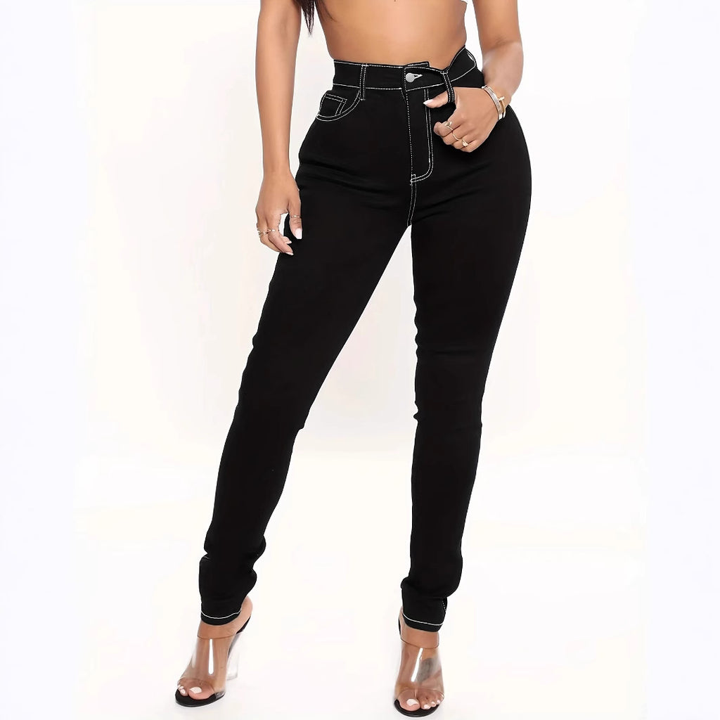 Women's High-Cut Sculpting Skinny Jeans with Contrasted Seam Design and Butterfly Embroidery Fashion Glam