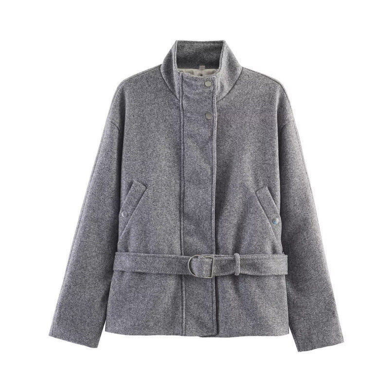 Women's Tailored Wool Blend Short Coat with Stand-up Collar and Tie Belt Fashion Glam