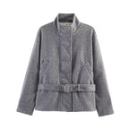 Women's Tailored Wool Blend Short Coat with Stand-up Collar and Tie Belt Fashion Glam