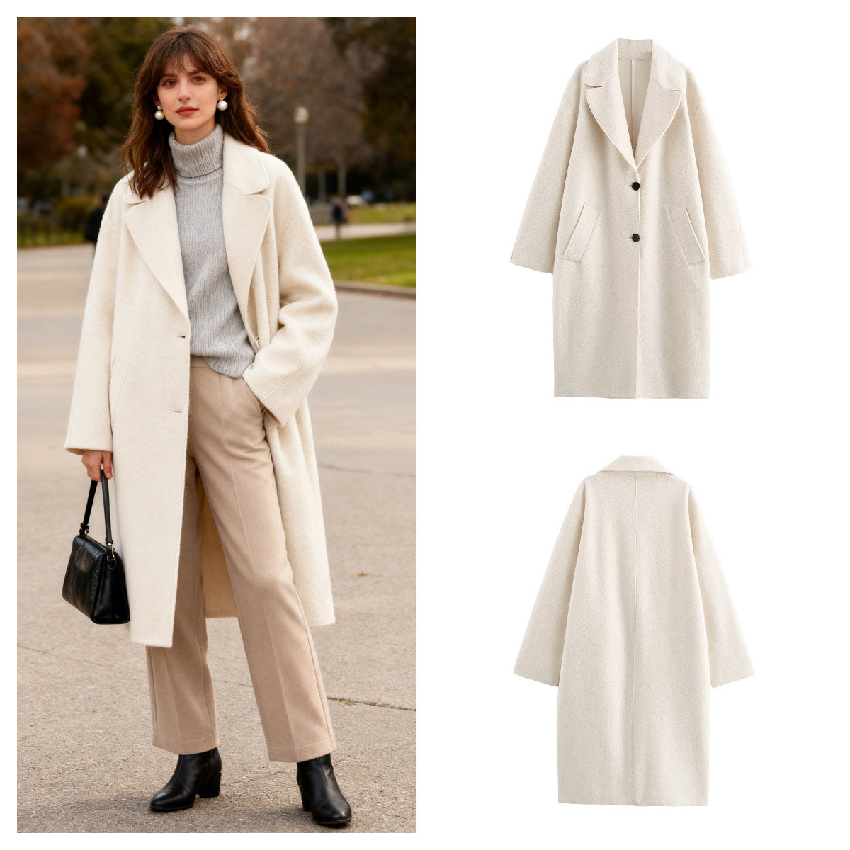 Ladies Oversized Single-breasted Walk Coat with Wide Lapels and Patch Pockets Fashion Glam